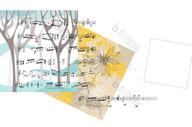 美丽的卡片，有树，花，音符和文字的地方。