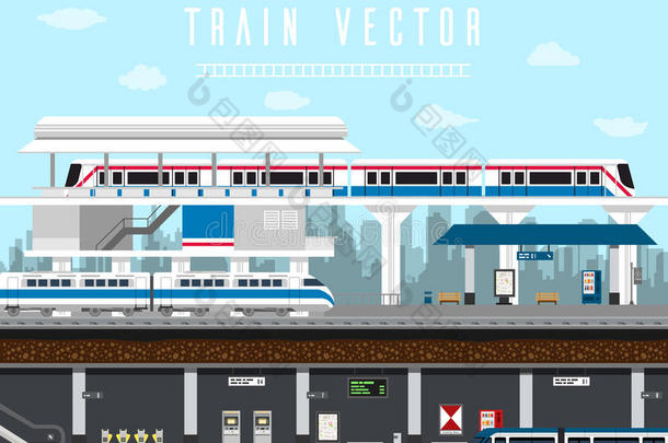 平面设计一套列车，天空列车，地铁矢量。