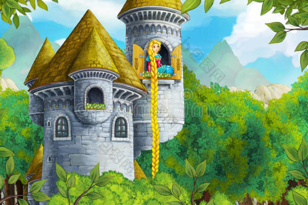 卡通童话场景与城堡塔-公主在窗口