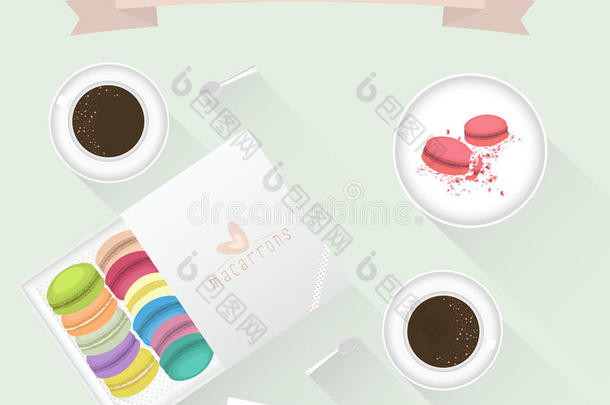 早餐。 咖啡杯，马卡龙和蛋糕在布景里。 矢量插图
