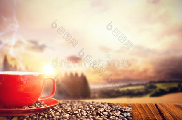 橙色杯子和咖啡豆的复合图像