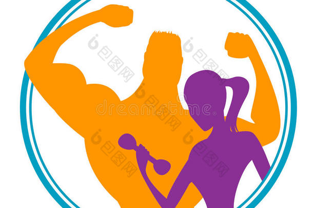 健身俱乐部标志或徽章与女人和男人的剪影。