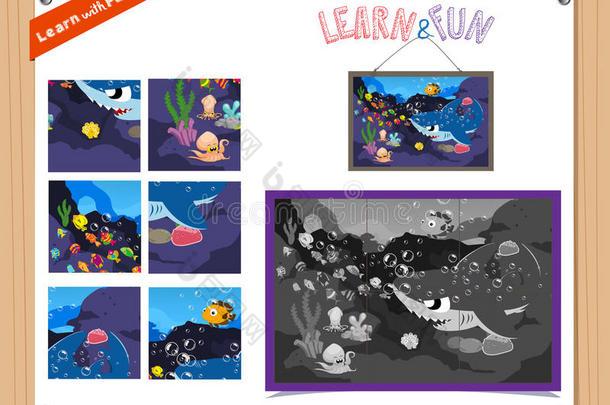 学龄前儿童水下动物教育拼图游戏的卡通插图