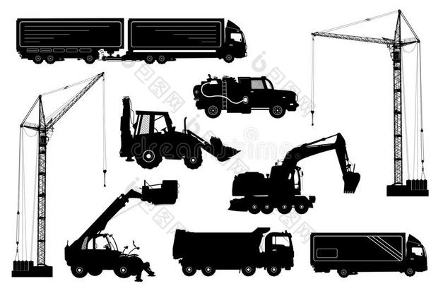 施工设备：卡车、挖掘机、推土机、电梯、起重机