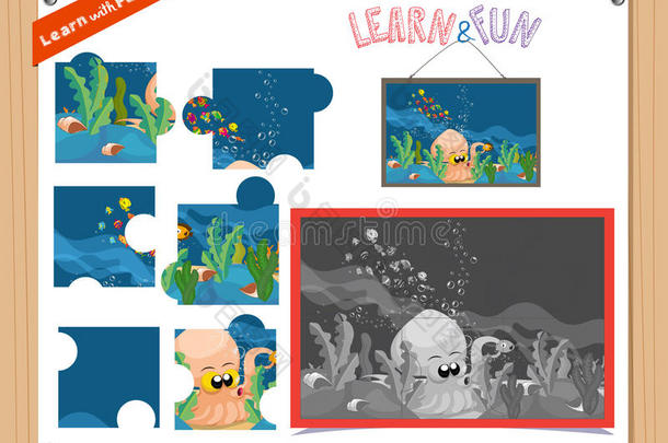 儿童水下世界1教育拼图游戏的卡通插图