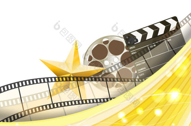 电影金色边框背景与复古电影条纹，拍手和明星