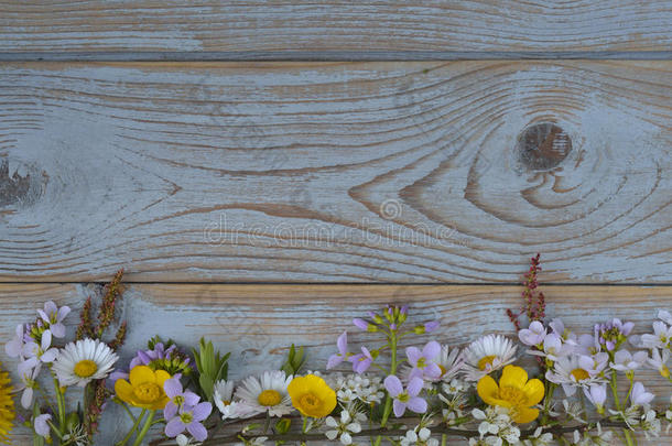一束田野花，雏菊，黄油杯，五柱花，蒲公英在一个古老的背景与空的复制空间