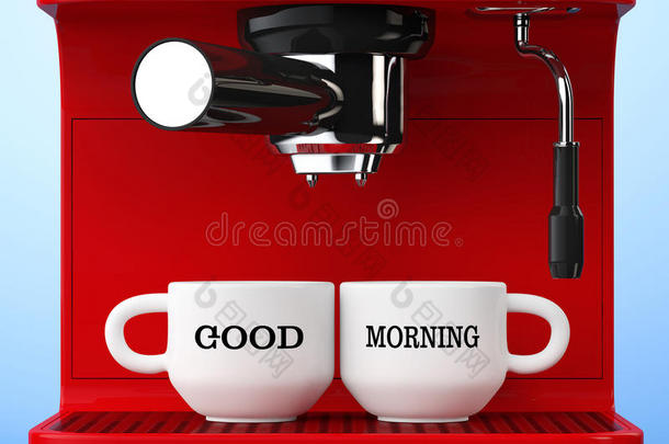 浓咖啡咖啡机和带早上好标志的杯子。