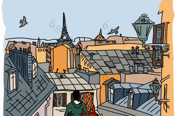 一对夫妇坐在巴黎的屋顶上