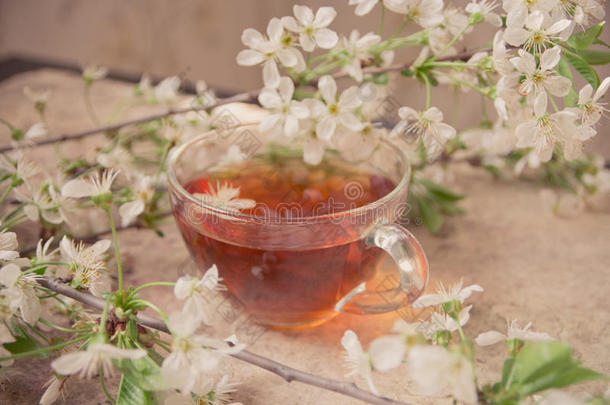 一杯红茶，在古老的<strong>木</strong>头上有春天的<strong>花枝</strong>