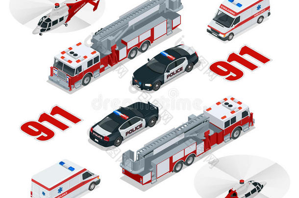 紧急概念。 救护车，警察，消防车，货车，直升机，紧急号码911。平面三维等距