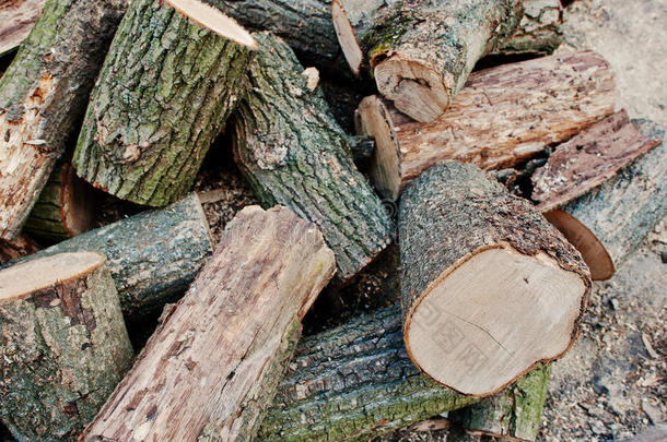一堆切碎的<strong>木头</strong>，锯成的<strong>木头</strong>