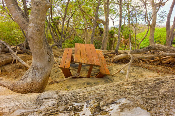 贝基亚下湾海滩的一张受损的桌子