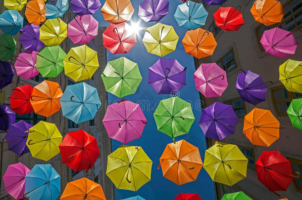 背景与彩色雨伞在蒂米索拉的一条街上