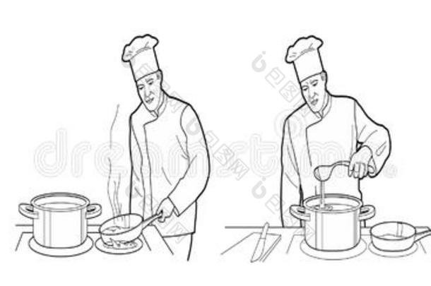 烹饪过程与厨师的数字在餐桌上餐厅厨房内部矢量宽插图。 黑色的白色