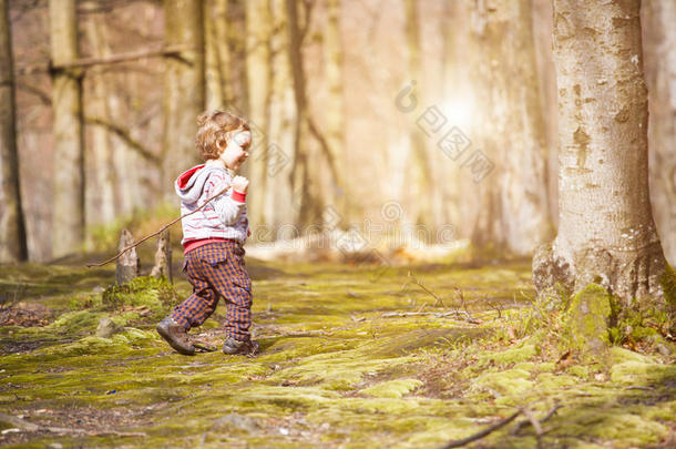 一个小<strong>男孩</strong>在<strong>树林</strong>里玩。