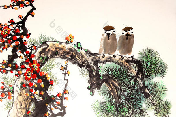中国水<strong>墨画</strong>鸟和树