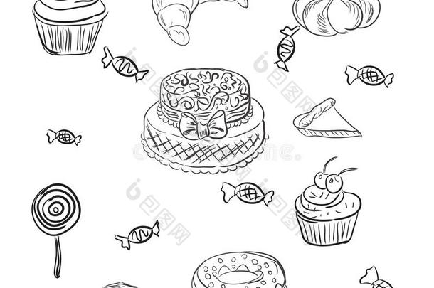 蛋糕和甜点，面包店，素描，矢量插图