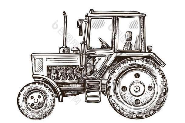 农场拖拉机草图。 手绘矢量插图