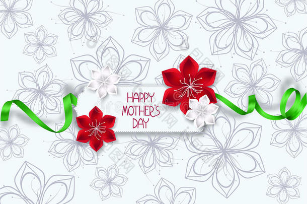 优雅的母亲节贺卡，红白相间的花和丝绿色的丝带