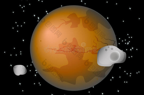火星行星及其卫星的抽象背景，Phobos和Deimos。 EPS10矢量插图。