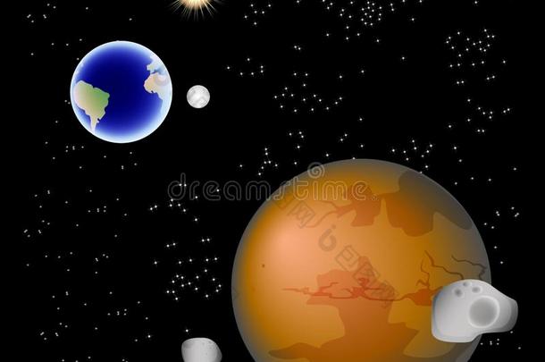 火星、卫星、地球、月亮和太阳的抽象背景。 EPS10矢量插图