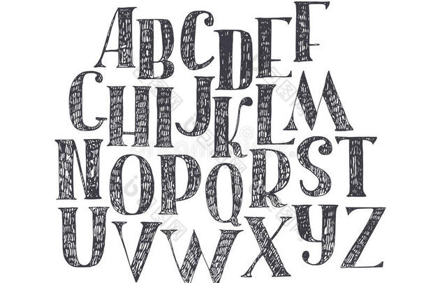 英文手画abc从a到z.大写字体与笔尖和衬线，装饰舱口字母表，油漆<strong>写意</strong>。 孤立的