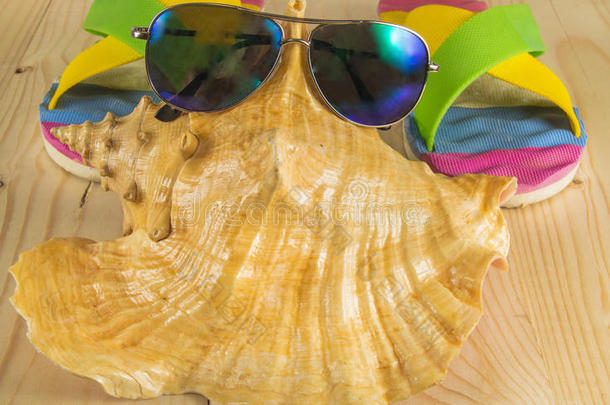 海滩度假。 太阳镜，拖鞋，木制背景上的海壳
