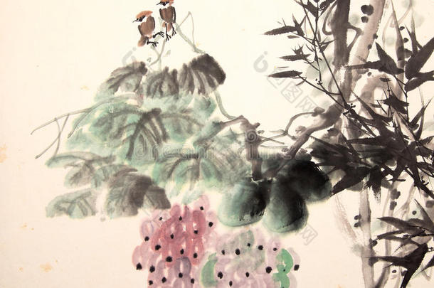 中国<strong>水墨画</strong>鸟和植物