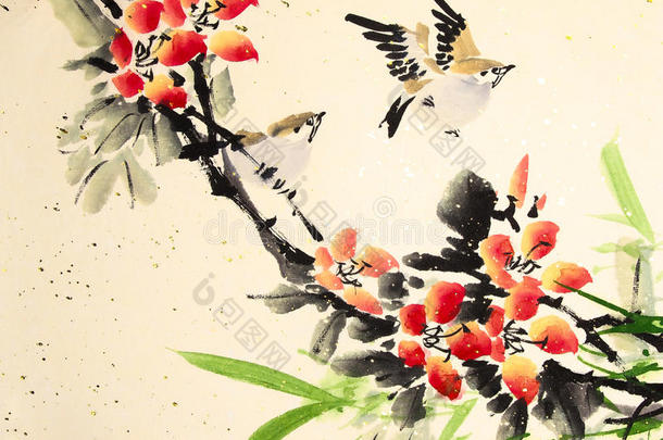 中国水墨画鸟和植物