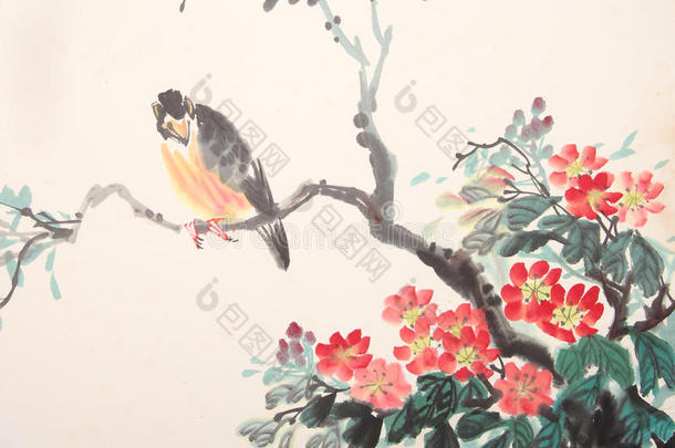 中国<strong>水墨画</strong>鸟和植物