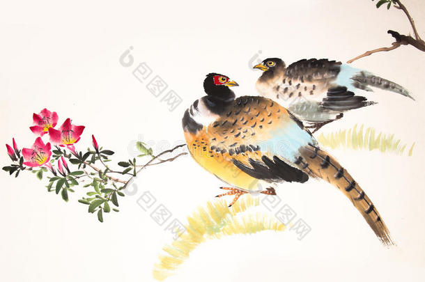 中国<strong>水墨画</strong>鸟和植物