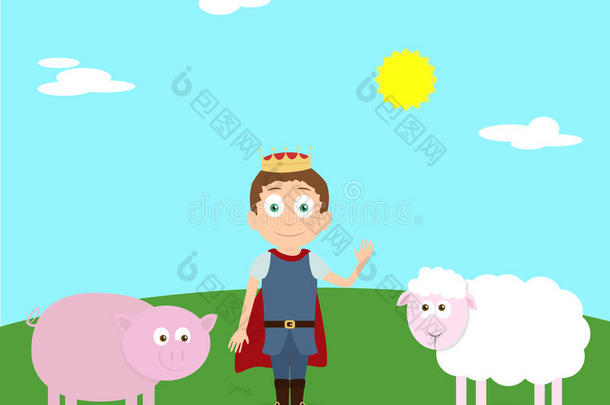 美好春天的卡通风景。 年轻的王子和农场动物粉红色的猪和羊