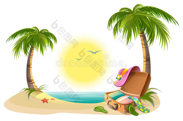 暑假的海滩假期。 热带太阳，海洋，棕榈树，沙子和打开的手提箱