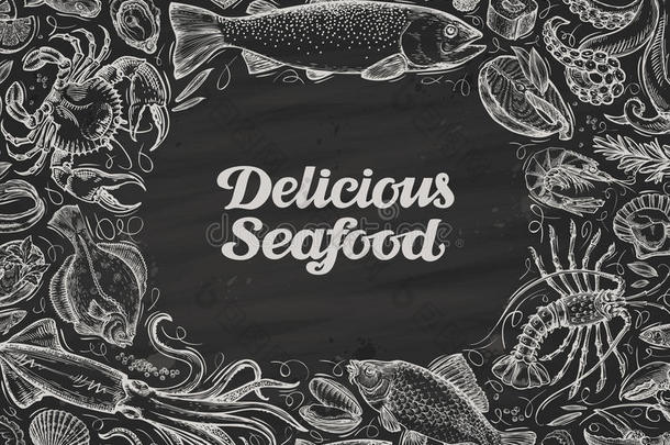 美味的海鲜。 在黑板上手绘食物。 模板设计菜单餐厅，咖啡馆