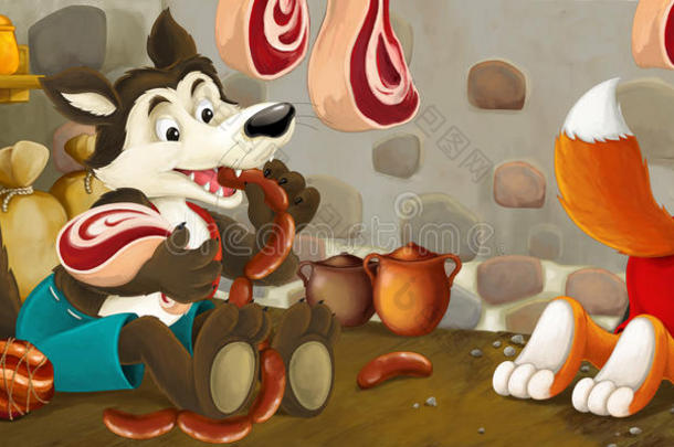 狐狸和狼从地下室偷食物的卡通场景