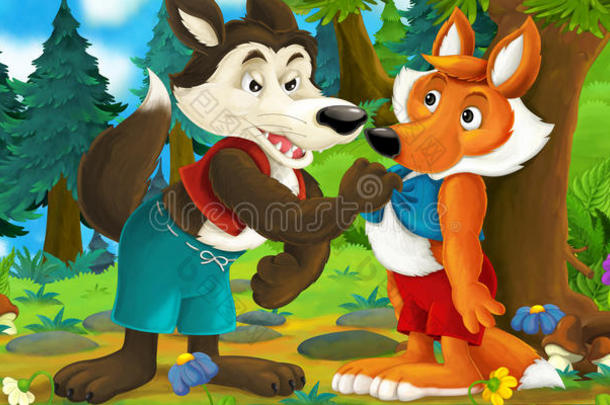 一只狼和一只狐狸互相交谈的卡通场景-狼威胁着狐狸