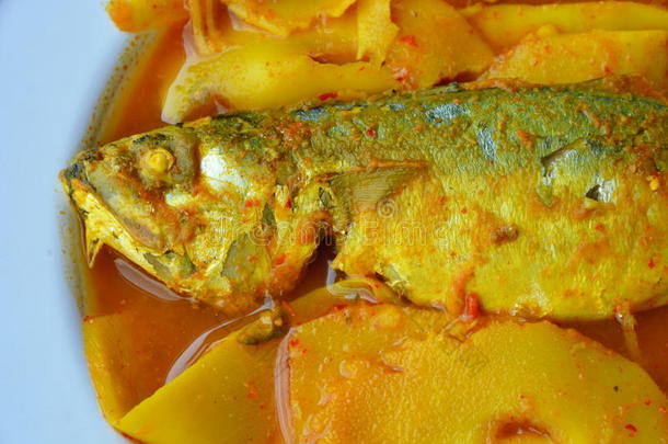 煮鲭鱼与竹笋在辛辣和酸汤的菜肴