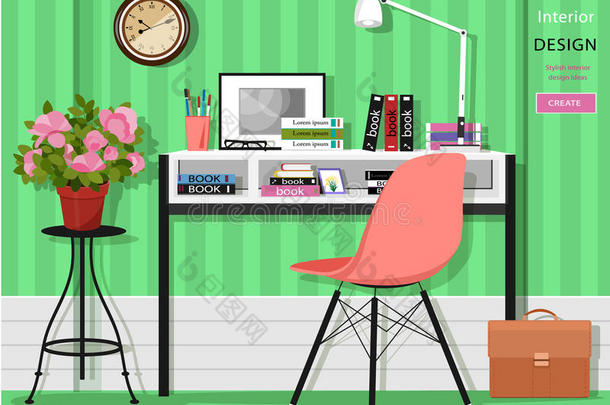 可爱的灰色家庭办公室室内有桌子，椅子，灯，书，包和花。