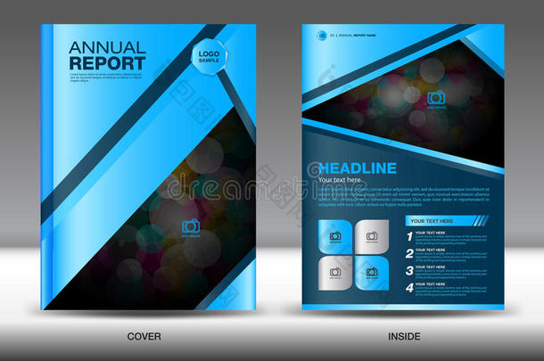 蓝色年报模板，<strong>蓝色封面</strong>设计，小册子，信息图形元素，传单，通讯