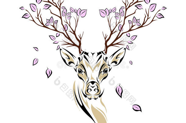 带有种族色彩的鹿头，角上有树枝。 图腾/纹身设计。 用于印刷，海报，t恤。 矢量