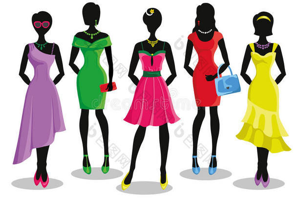 时尚女孩穿着彩色派对礼服。销售海报