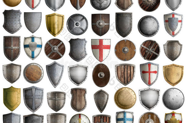 大集中世纪骑士盾牌孤立的三维插图