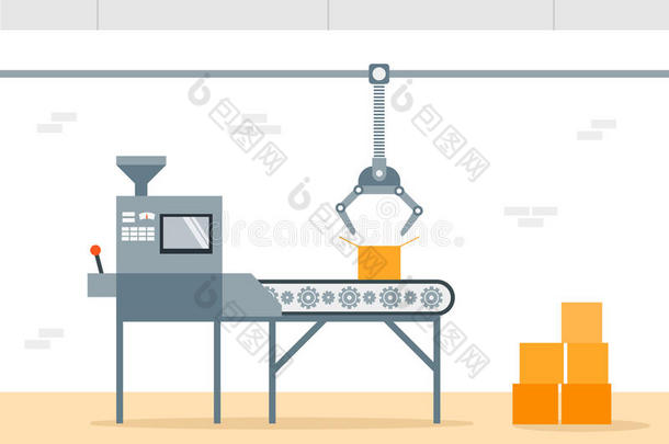 工厂输送机平插图。 用传送带在工厂上制造和包装。 生产概念。