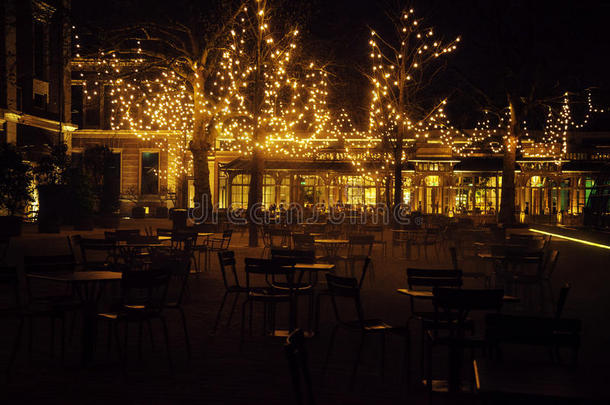 空夜<strong>餐厅</strong>，许多桌<strong>椅</strong>无人，神奇的仙女灯在树上，如圣诞节