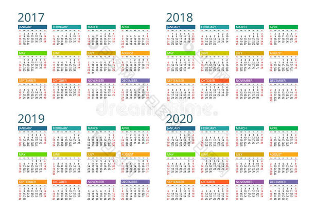 日历为2017，2018，2019，2020。周开始星期日。 简单的矢量设计。