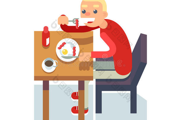 吃早餐咖啡桌椅家伙煎鸡蛋孤立图标平面设计字符矢量插图