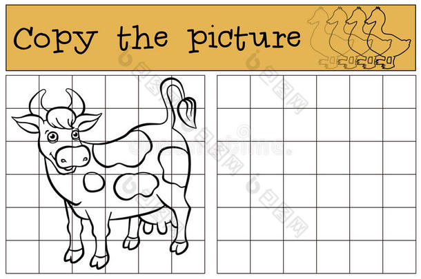 儿童游戏：复制图片。可爱的斑点牛。