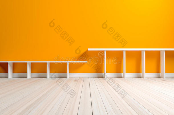 空室内橙色房间白色白色架子和木地板，f