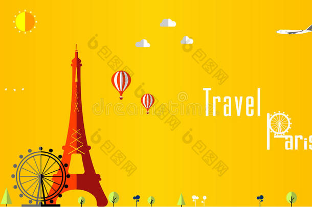 平面时尚的旅游背景，矢量插图巴黎，法国，旅游和旅游概念